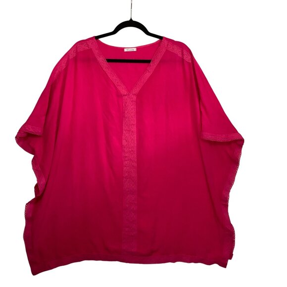 Hot Pink Women Plus Size Short Kaftan Laritta Lace Trim V-Neckline Loose Fit - Picture 1 of 7